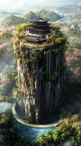 悬崖上的古风楼阁壮观全景