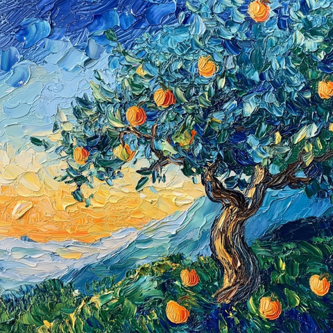 苹果树夕阳油画