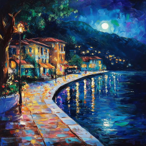 湖边街道两旁房屋夜景