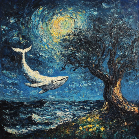 白鲸飞翔单树夜空