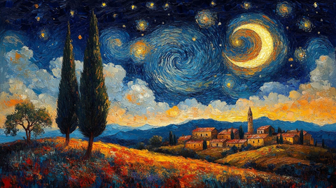 星空月光下的村庄与柏树