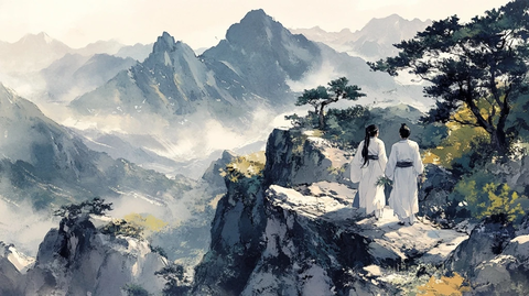 古装人物于高山之巅眺望远方群山