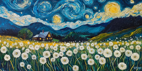 夜空下的蒲公英与农舍