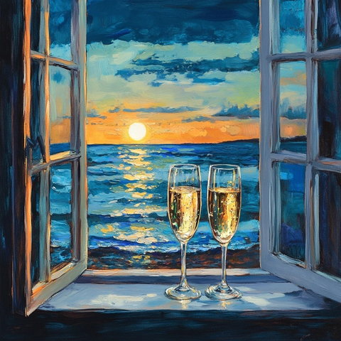 海景窗前香槟对饮