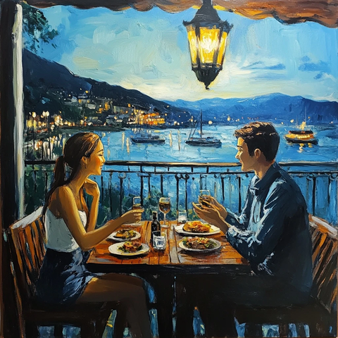 用餐阳台上的年轻情侣