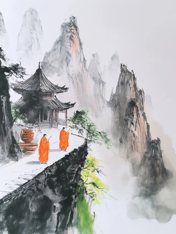 山间古寺旁身着僧袍的僧人行走图