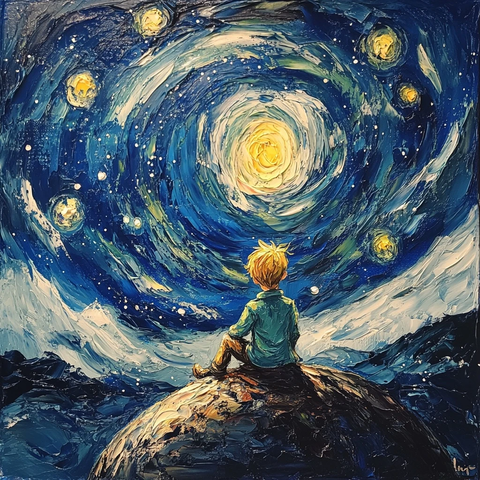 小王子坐月凝望星空