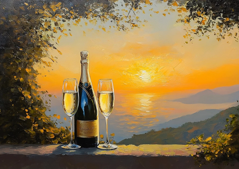 香槟酒瓶与两杯夕阳油画