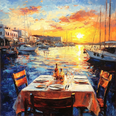 港口绘画台日落景色