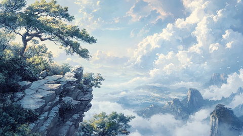 悬崖边树木与群山云海构成的壮丽风景