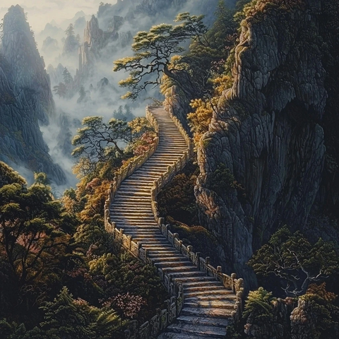 山间石阶蜿蜒曲折的自然景观