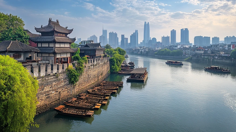 古建筑旁水域上的船只及城市天际线