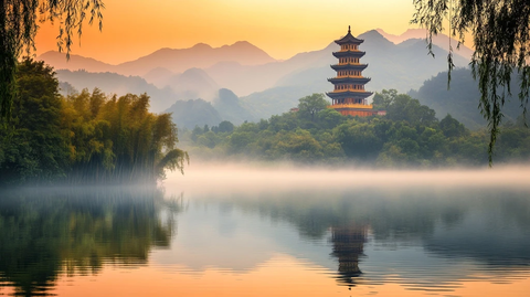 湖光山色中的古塔诗意盎然的自然景致