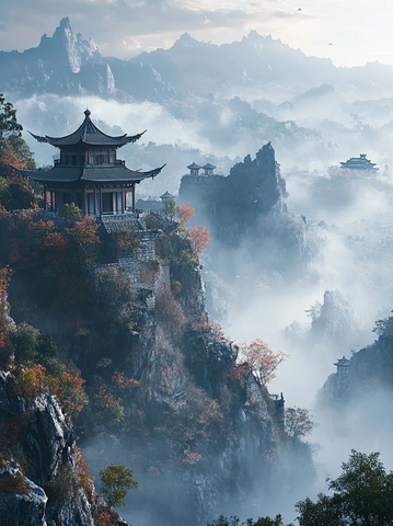 云雾缭绕山间的古建筑景观