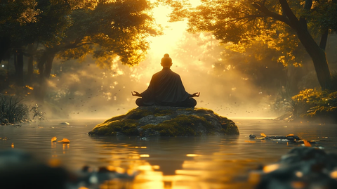 佛僧坐禅石上河中冥想