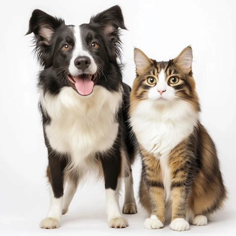 黑白牧羊犬与棕白猫站立