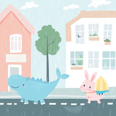 蓝色恐龙鲸鱼兔子独角兽上学