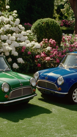 绿色蓝色小车并排停草地