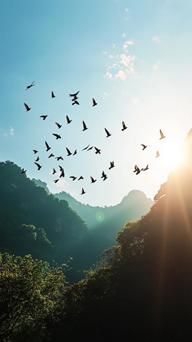 飞鸟翱翔蓝天山水间