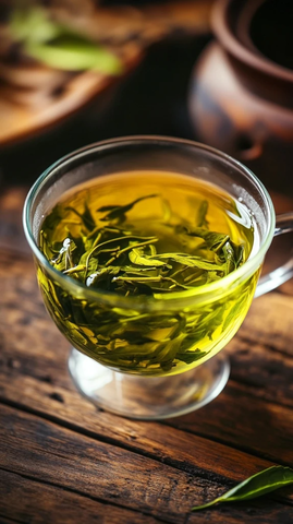 绿茶杯与茶叶特写