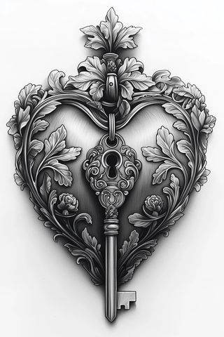 心形锁与古董钥匙铅笔画