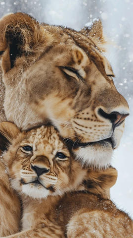 雪地狮母子亲密依偎
