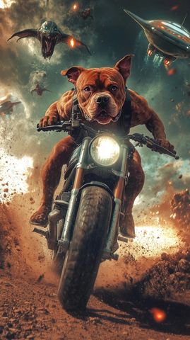 斗牛犬骑摩托飞驰追击外星人
