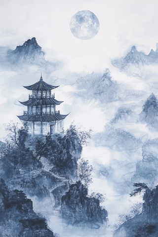 云雾缭绕山间的古楼月色全景