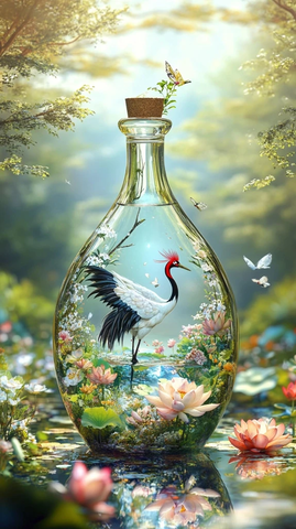 玻璃瓶红冠鹤莲花池