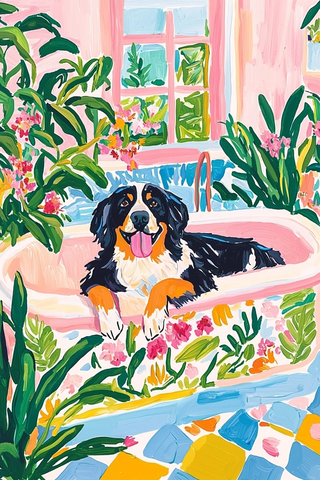 伯恩山犬浴缸花卉热带