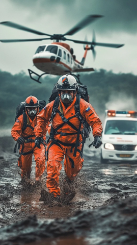 救援人员奔跑泥泞洪水中