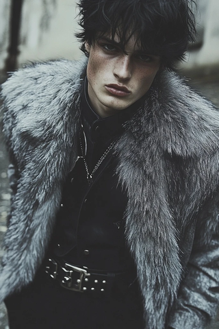 年轻男子灰毛外套街景