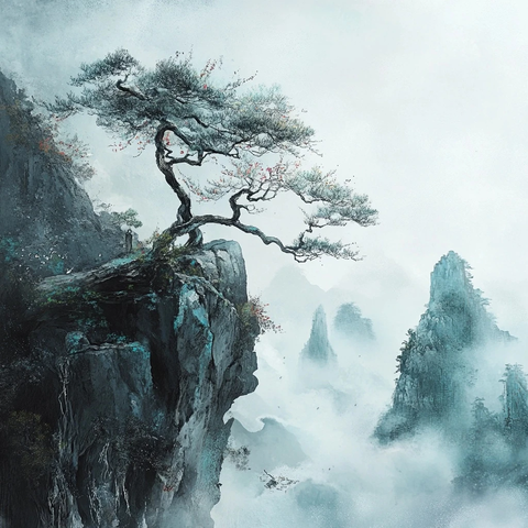 悬崖上的松树与云雾缭绕的山峰景致