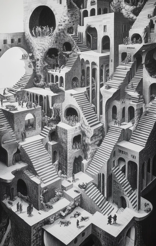 地下猫形建筑与楼梯行人