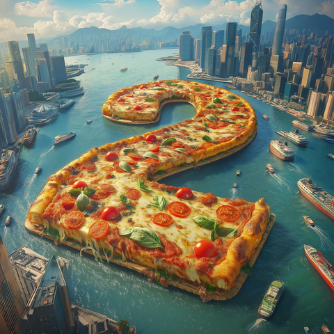 巨型数字披萨映衬港湾