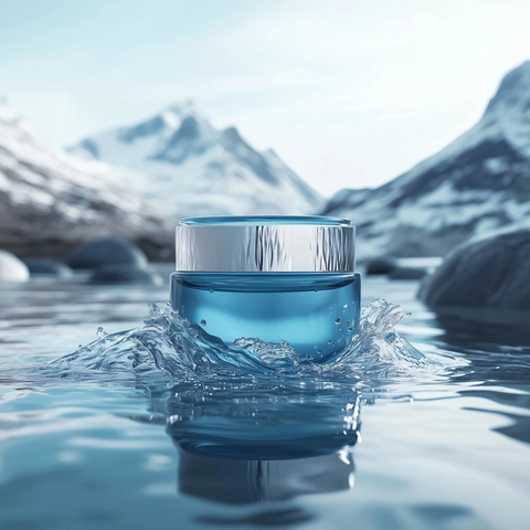 蓝玻璃面霜罐与雪山倒影
