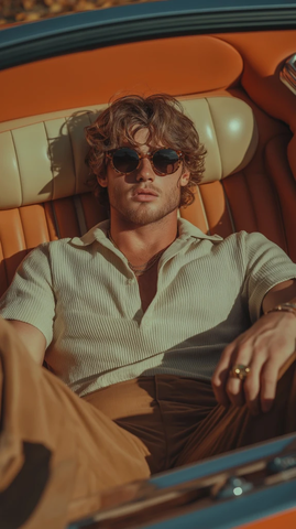 男子戴墨镜坐橙色敞篷车