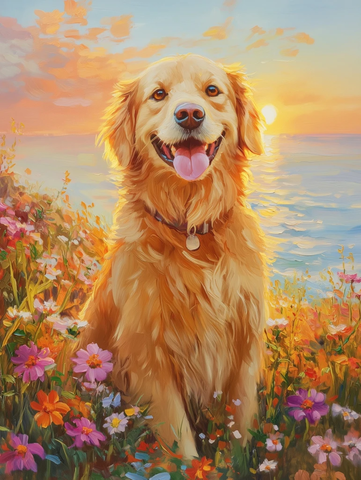 金毛犬坐花丛夕阳海景