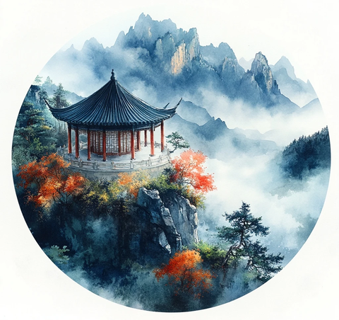 云雾缭绕山间的古亭景观