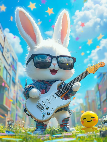 兔子戴墨镜弹电吉他卡通场景