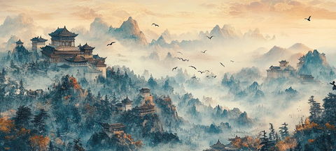 云雾缭绕山间的古建筑群风景