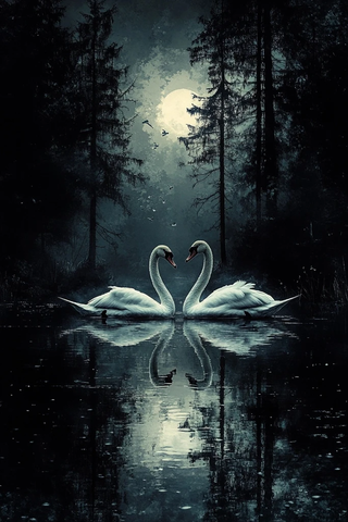 湖面天鹅黑白艺术