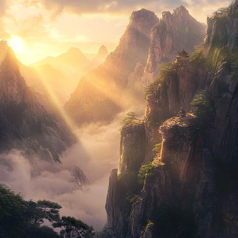 阳光照耀下的壮丽山川景色