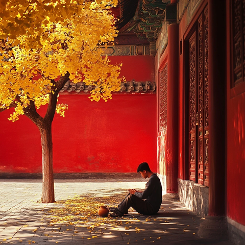 红墙下坐着的人银杏叶落满一地