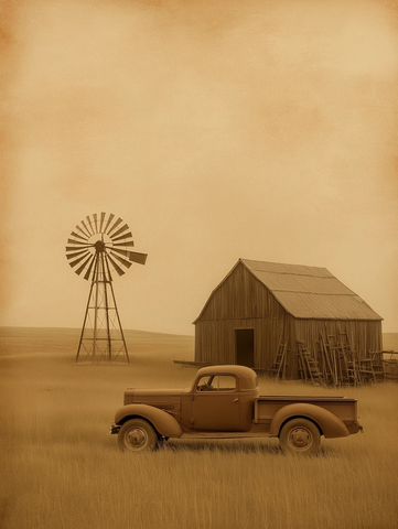 旧风车旁的木梯与卡车