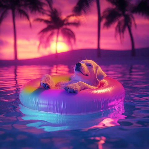 狗狗浮圈泳池夕阳场景