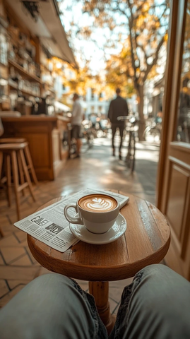 木椅上的晨间咖啡时光