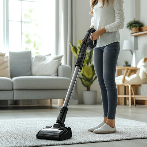 女孩使用立式吸尘器清洁地毯