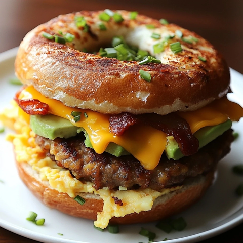 早餐贝果配香肠鸡蛋牛油果