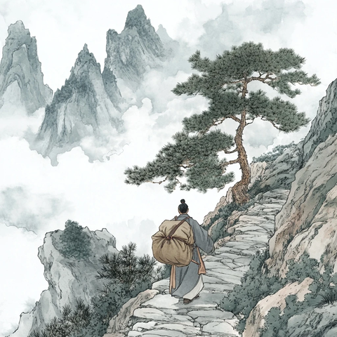 背着行囊的人独自行走在山间小路上